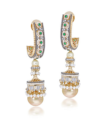 South sea pearl,Diamond and Emerald J hoop earrings